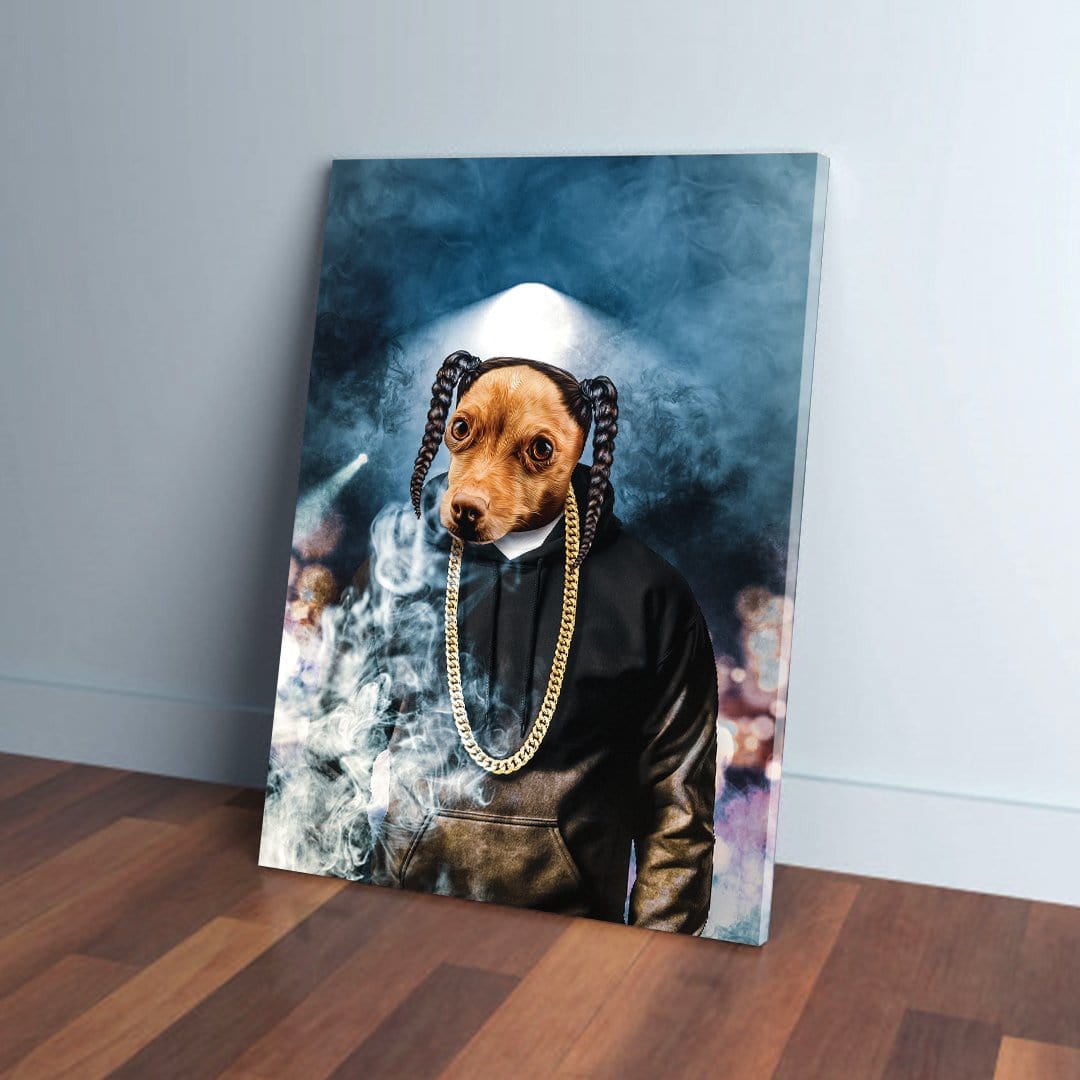 Custom pet canvas featuring a dog's head on a figure in a black hoodie, gold chain, and braids, against a smoky blue background.