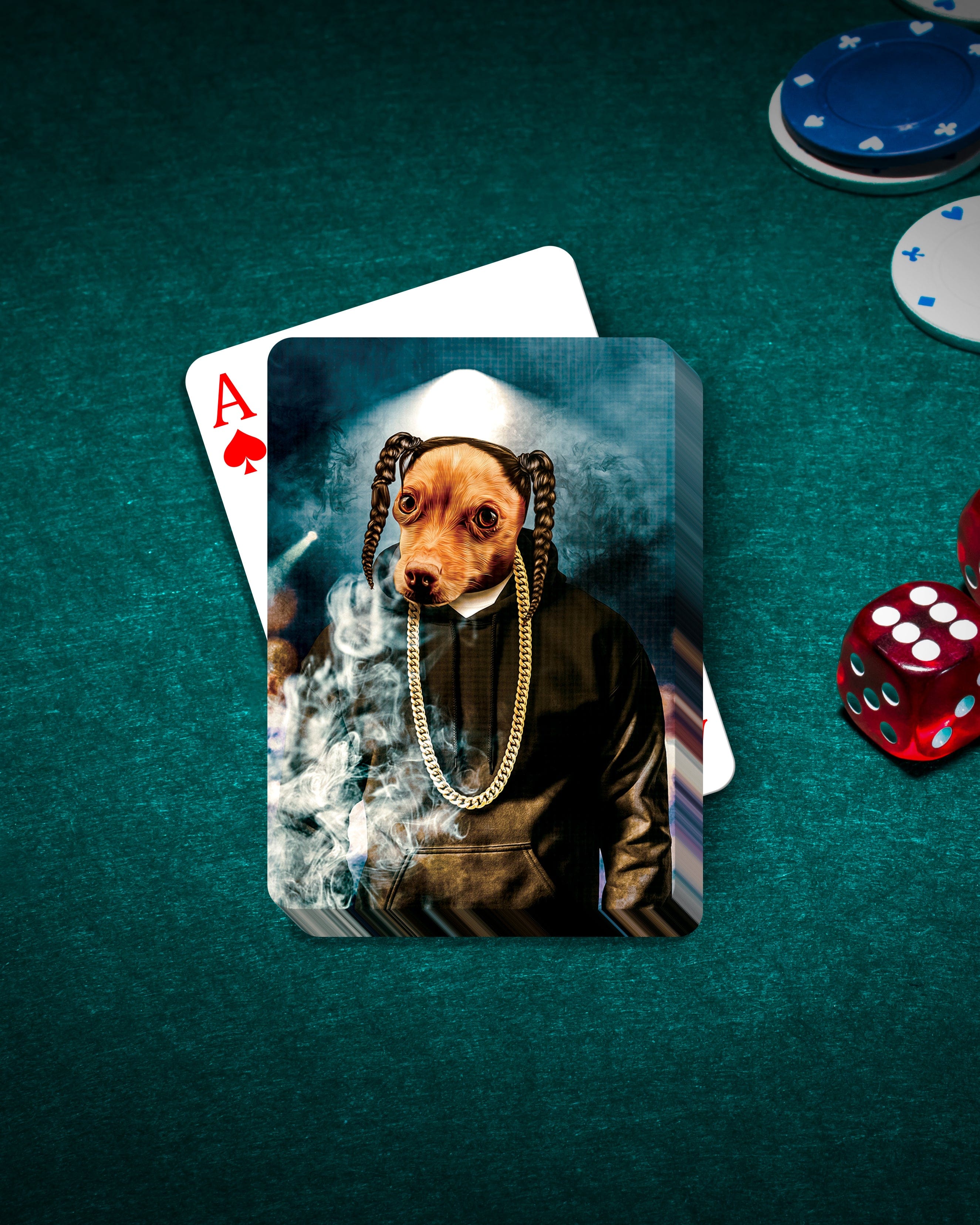 Personalized pet playing cards featuring a custom dog portrait in a 'D.O. Double G' style.