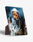 Personalized pet standing canvas featuring a dog's head on a figure in a black hoodie and gold chain.