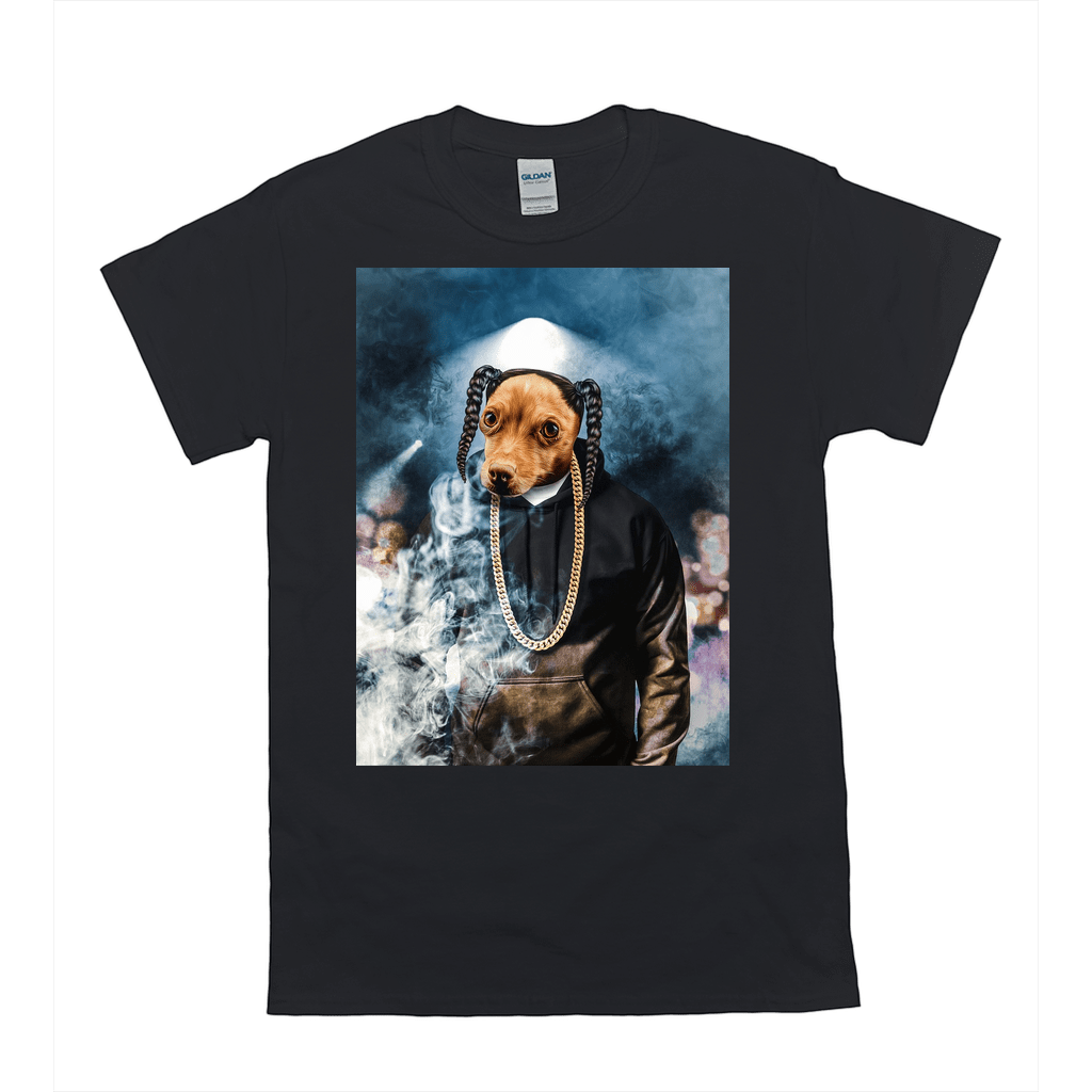 Black Gildan unisex t-shirt featuring a personalized pet portrait of a dog wearing a hoodie and gold chain.