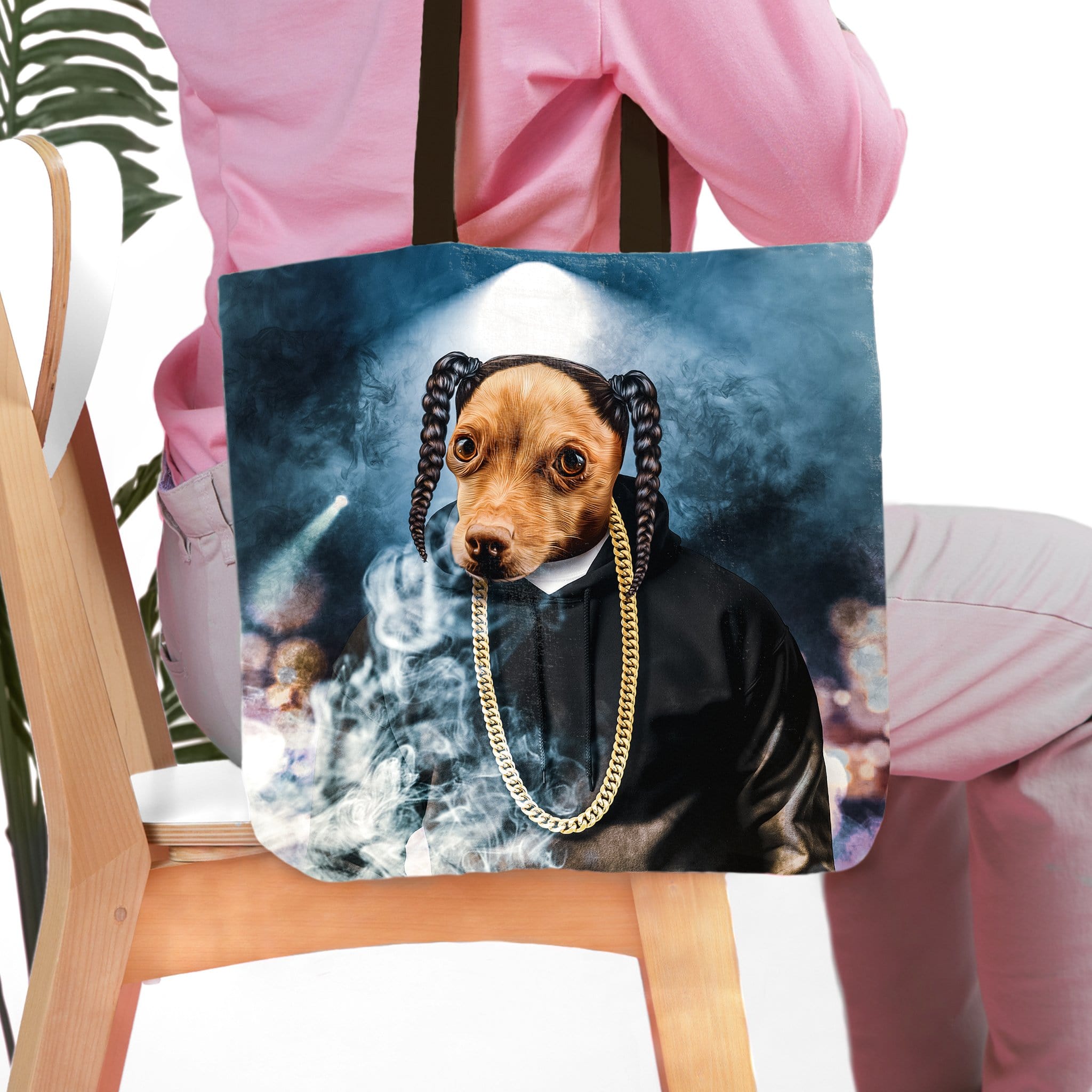 Personalized tote bag with a custom dog portrait in a hip-hop style, featuring braids and a gold chain.