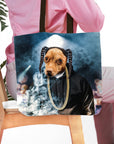 Personalized tote bag with a custom dog portrait in a hip-hop style, featuring braids and a gold chain.
