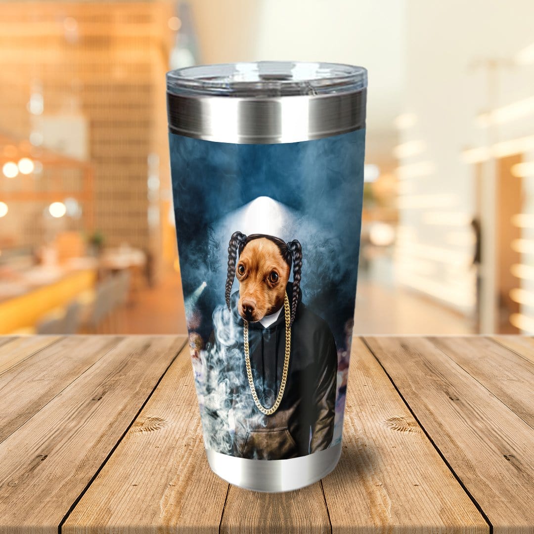 Personalized stainless steel tumbler with a dog portrait in a black hoodie and cornrows.