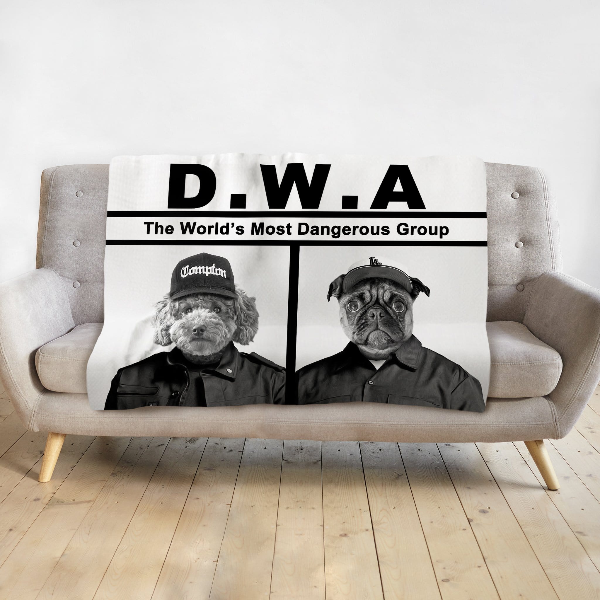Personalized D.W.A. "Doggos with Attitude" pet portrait blanket featuring two dogs in black and white.