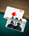 Personalized D.W.A. playing cards featuring two custom pet portraits on a green felt table.