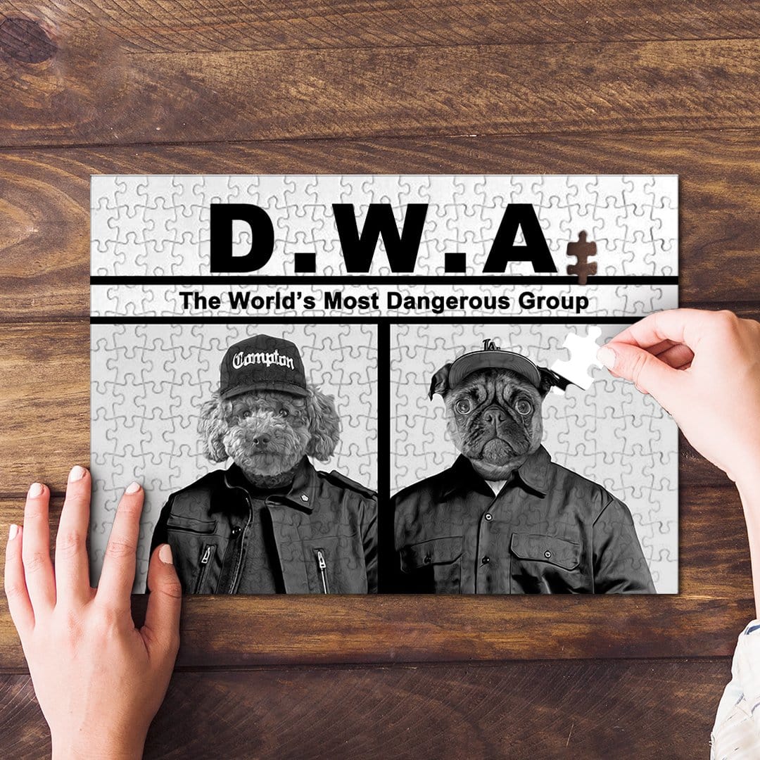 Personalized D.W.A. 'Doggos with Attitude' 2 pet puzzle with custom dog portraits.