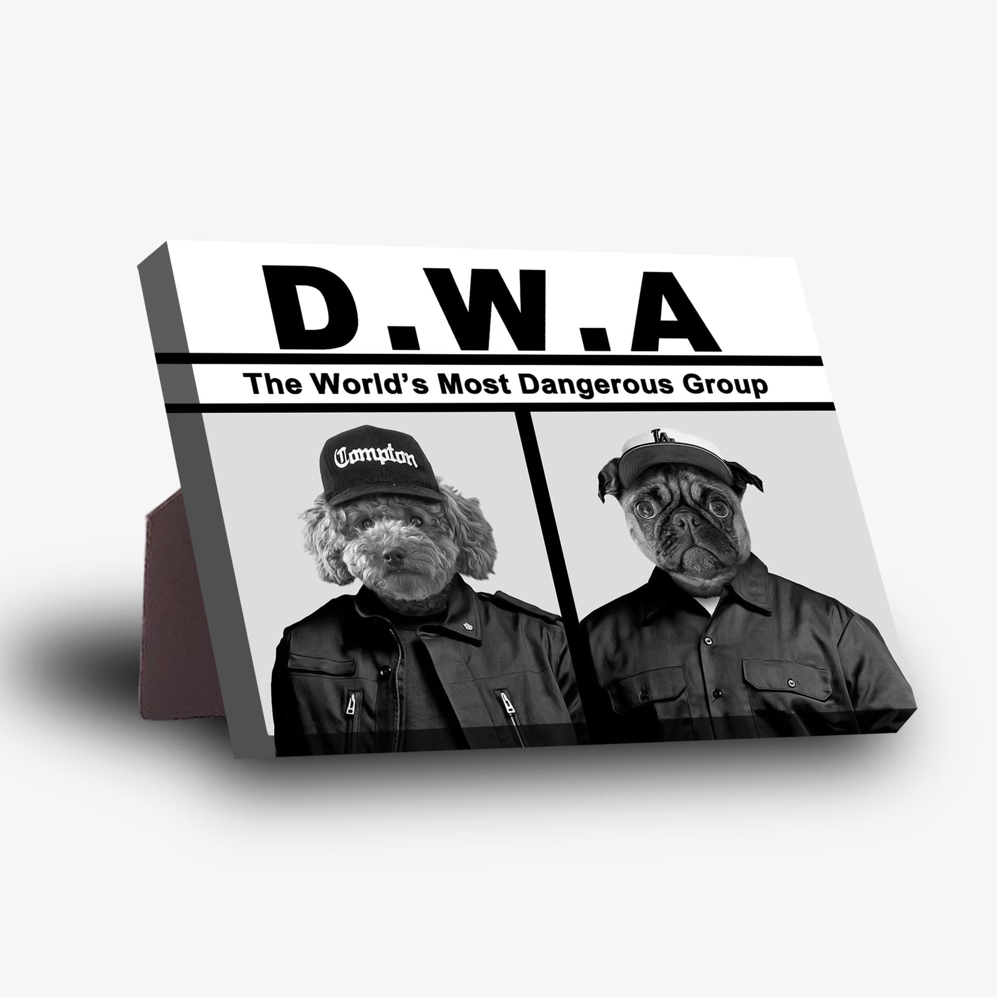 Black and white D.W.A. personalized 2 pet standing canvas featuring a poodle and a pug in hats.