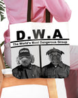 Personalized D.W.A. 2-pet tote bag with custom dog portraits in black and white.