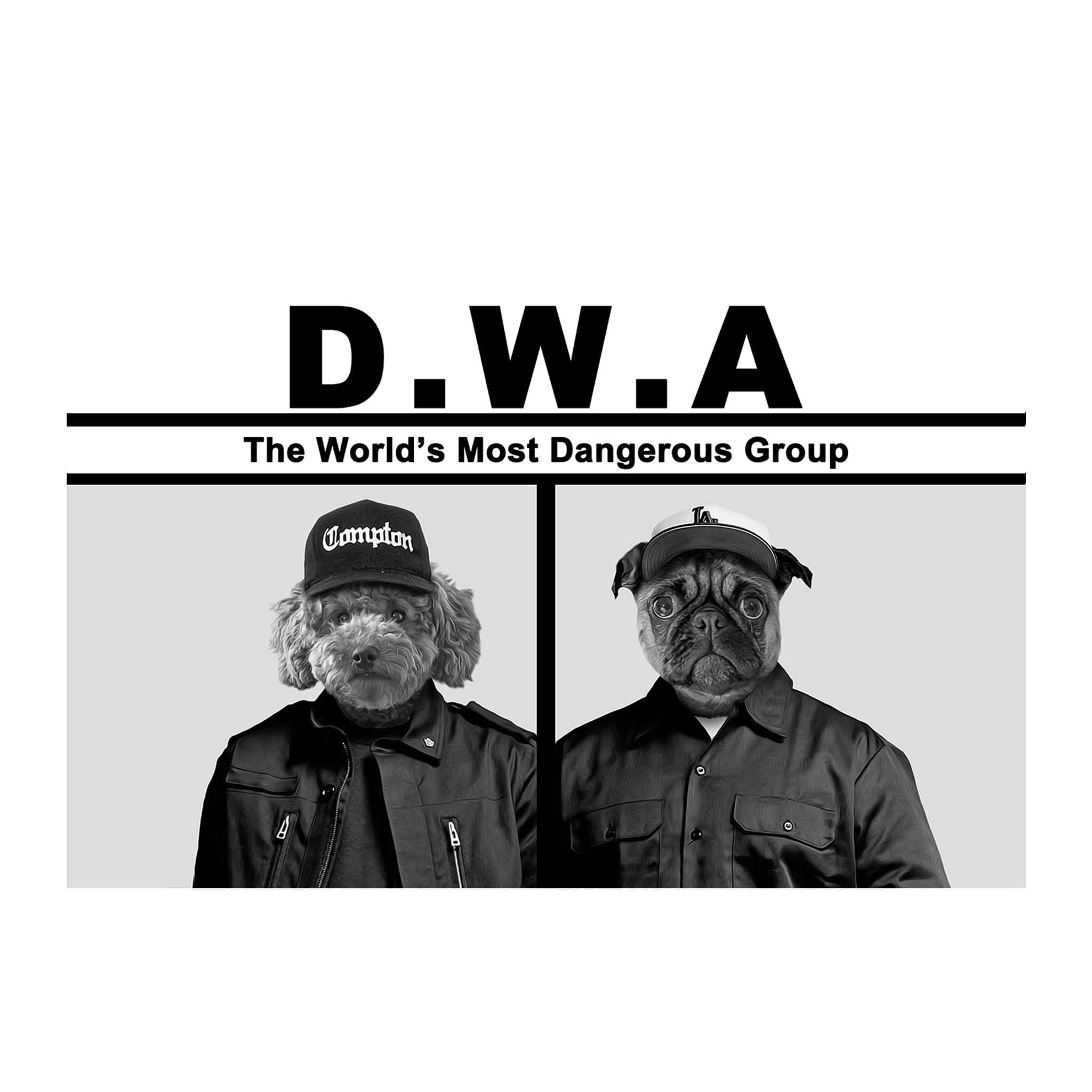 Custom D.W.A. 2-pet digital portrait featuring a poodle and pug in black and white.