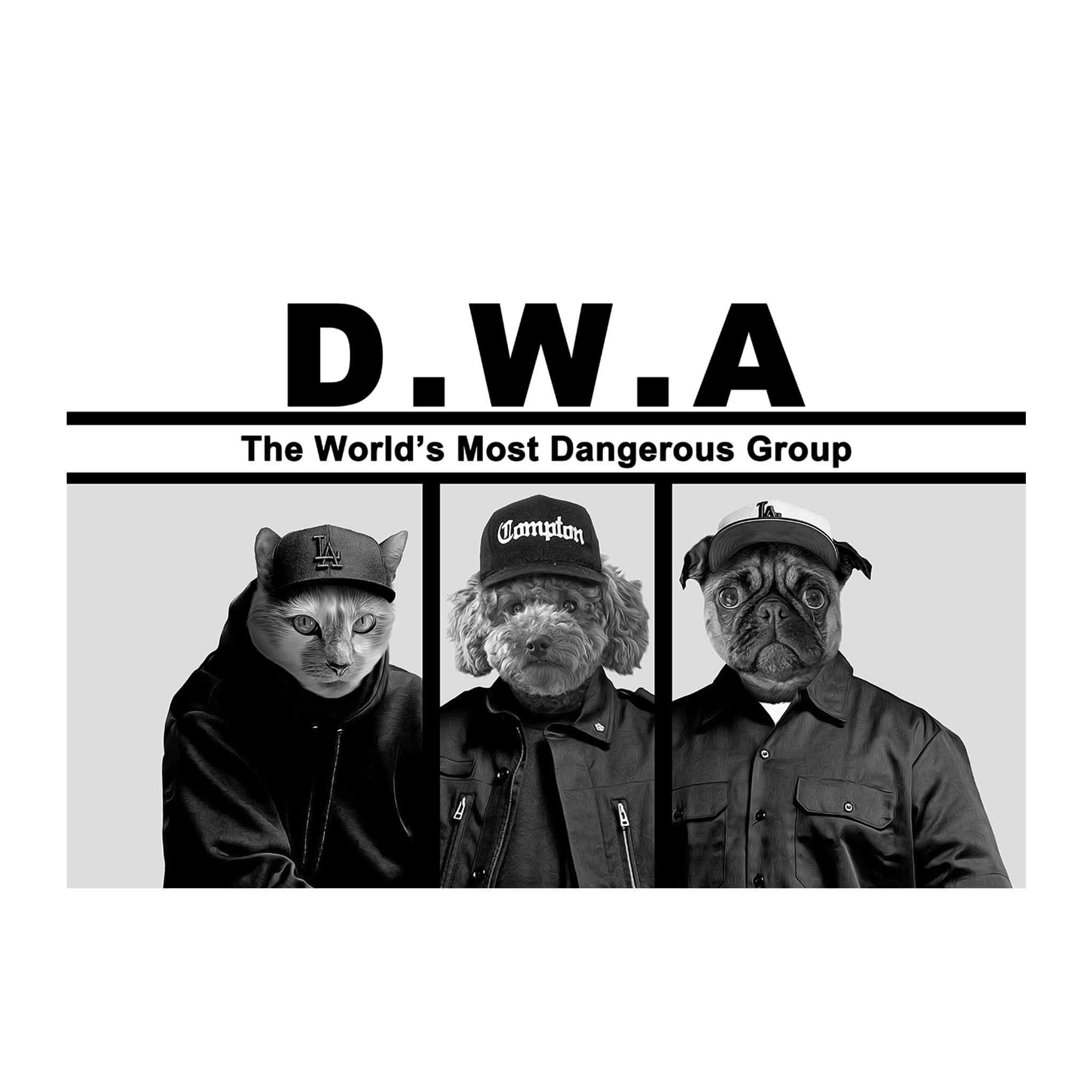 Personalized D.W.A. 3 pet digital portrait featuring a cat, poodle, and pug in black and white.