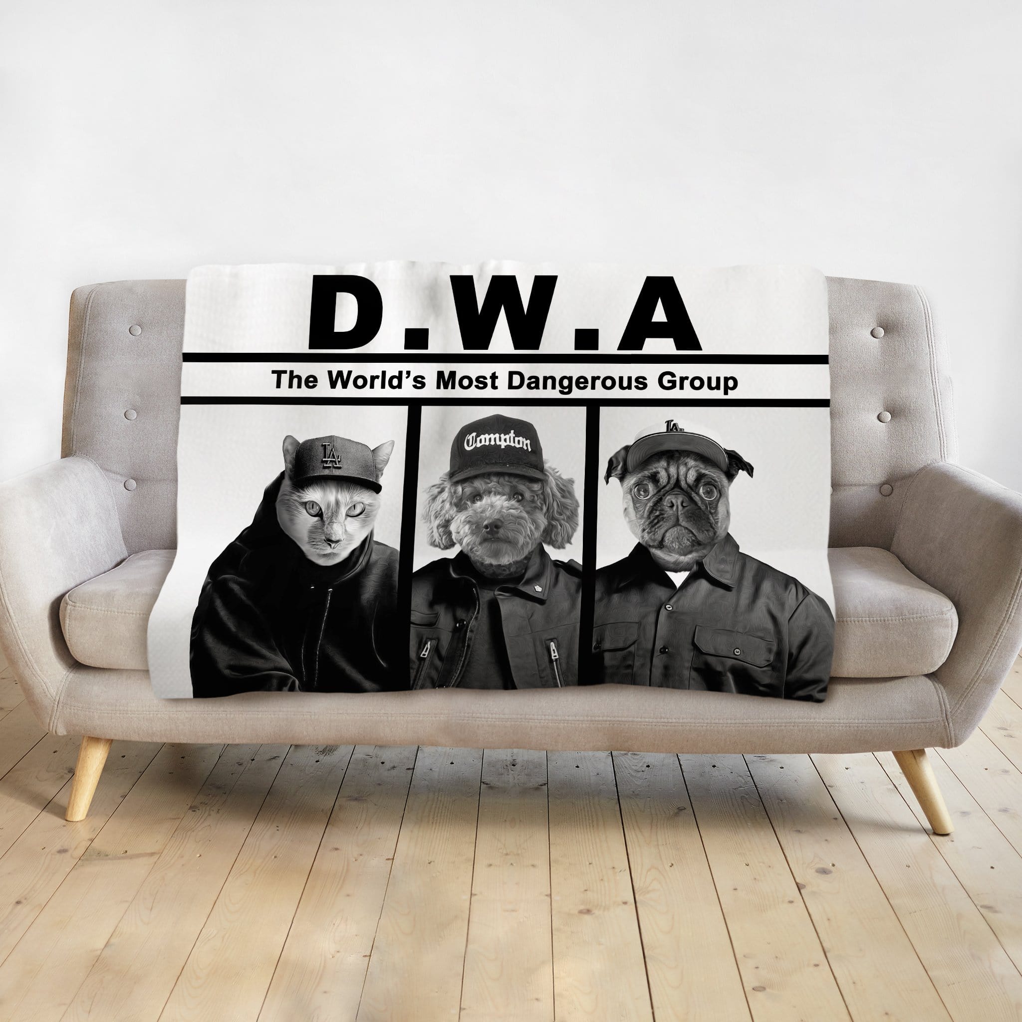Personalized D.W.A. 3 pet blanket with custom portraits of a cat, poodle, and pug in black and white.