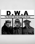 Personalized D.W.A. "Doggos With Attitude" poster featuring a cat, poodle, and pug in black and white.