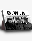 Personalized D.W.A. 3-pet standing canvas featuring a cat, poodle, and pug in hip-hop attire.