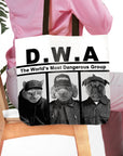 Personalized D.W.A. 3 pet tote bag featuring custom dog and cat portraits in black and white.