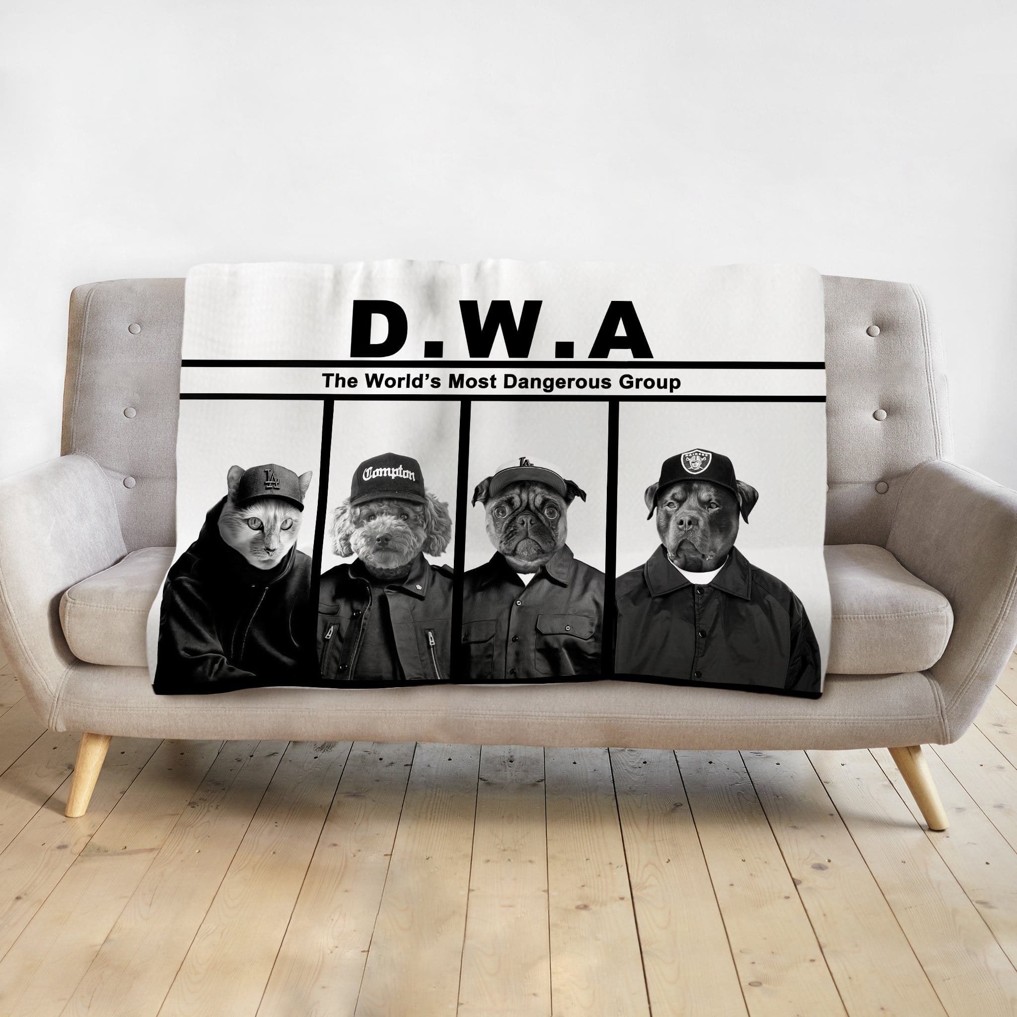 Personalized D.W.A. pet blanket featuring a cat, poodle, pug, and pitbull in black and white.