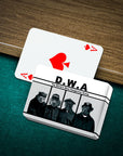 Personalized D.W.A. playing cards featuring four custom pet portraits in a black and white cartoon style.