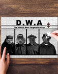 Personalized D.W.A. pet puzzle featuring a cat and three dogs in black and white gangster attire.