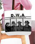 Personalized D.W.A. 4-pet tote bag featuring custom dog and cat portraits in a mugshot style.