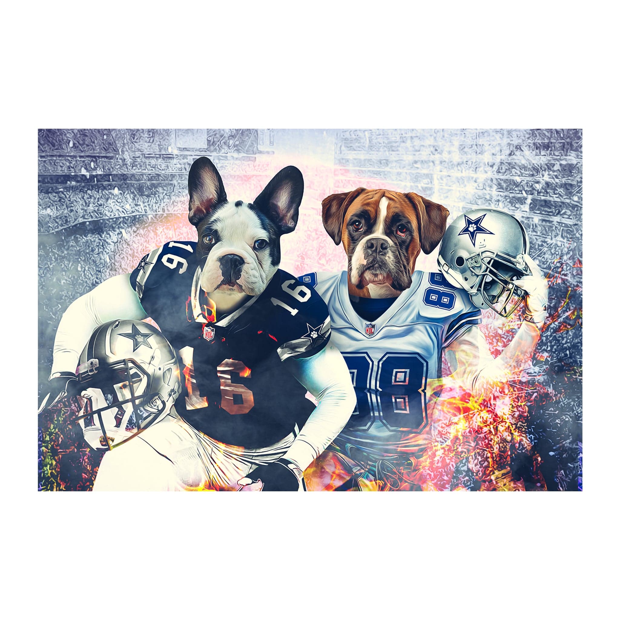 Custom Dallas Doggos 2 pet digital portrait featuring a French Bulldog and Boxer in football uniforms.