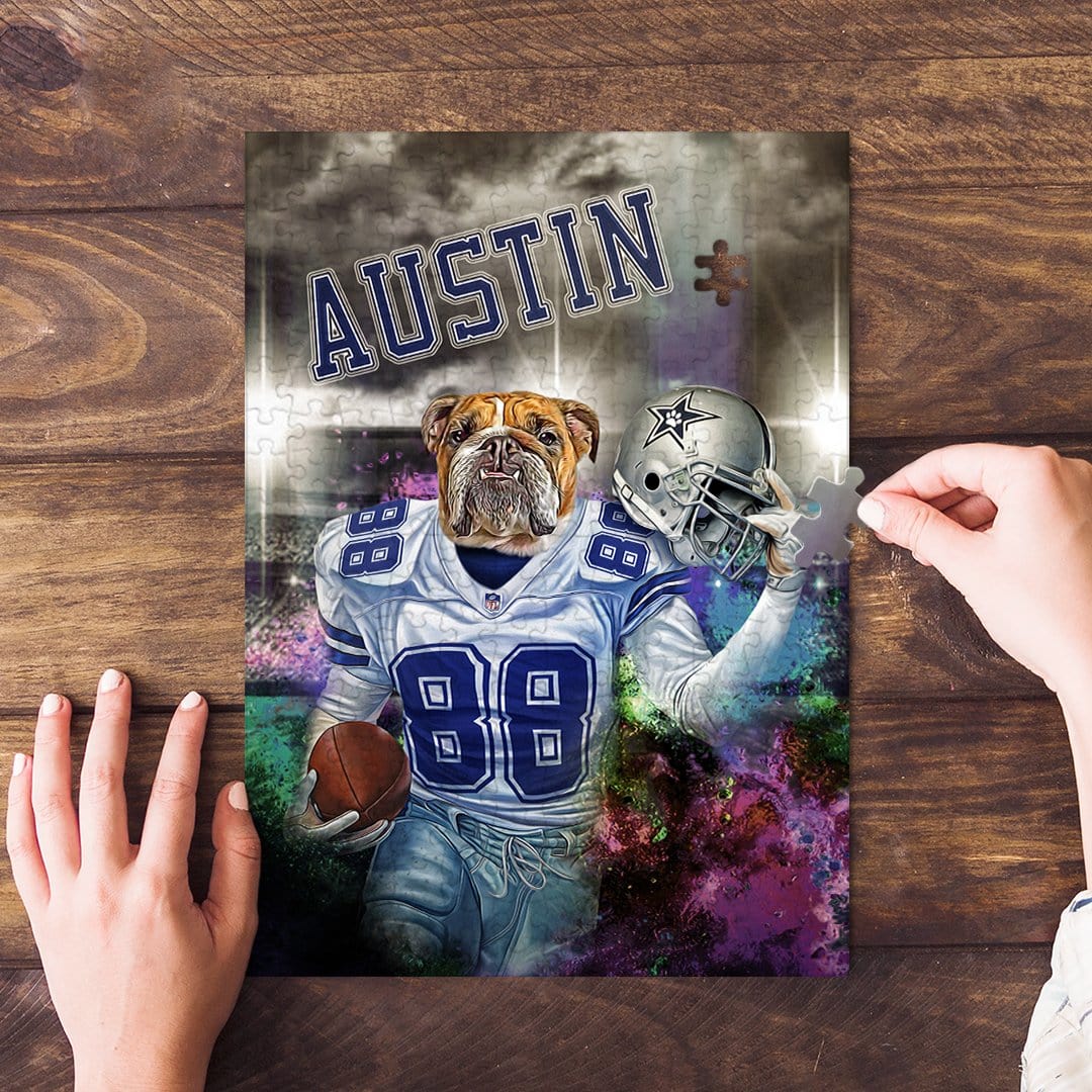 Custom Dallas Doggos personalized pet puzzle featuring a bulldog in a football uniform.