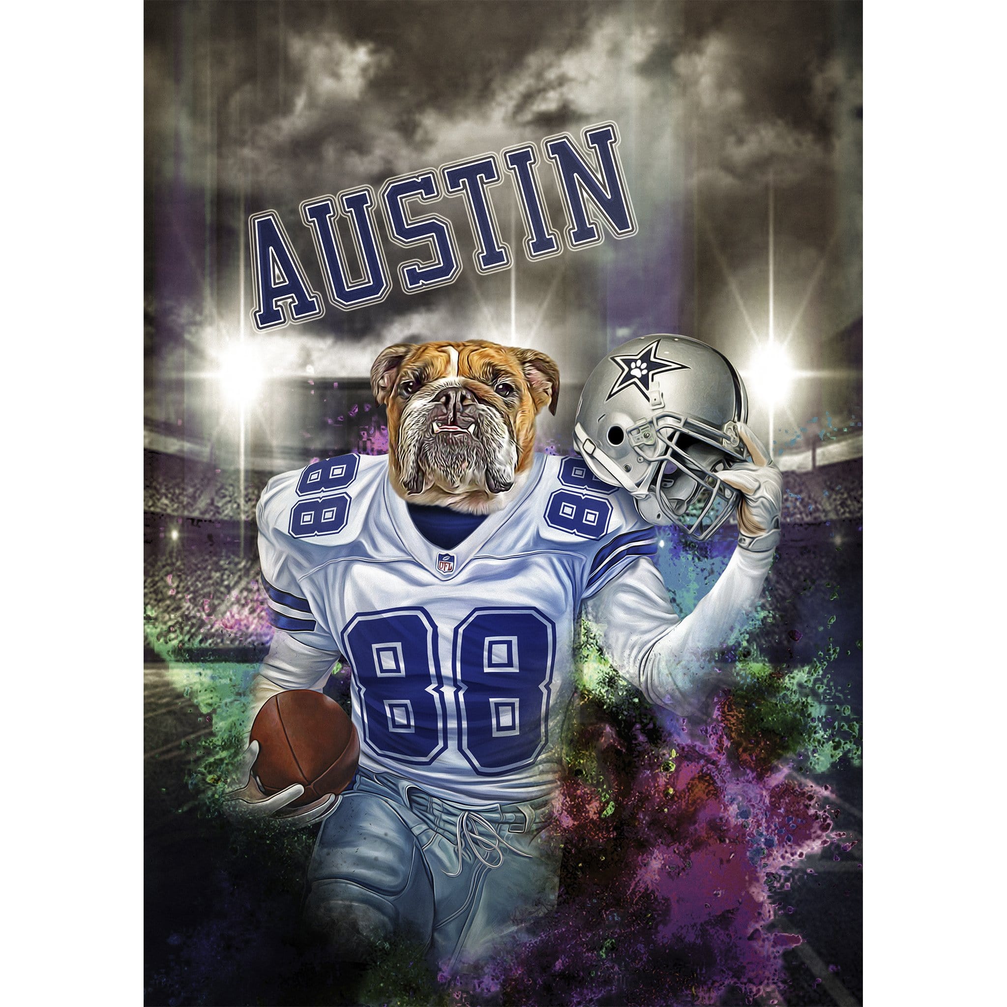 Personalized digital portrait of a bulldog in a Dallas Cowboys football uniform with "AUSTIN" above.
