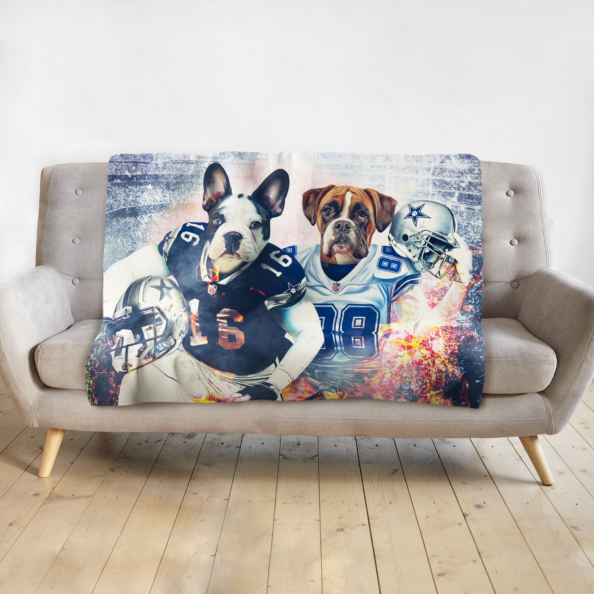 Personalized pet blanket featuring two dogs in football jerseys with helmets, in a vibrant, artistic style.