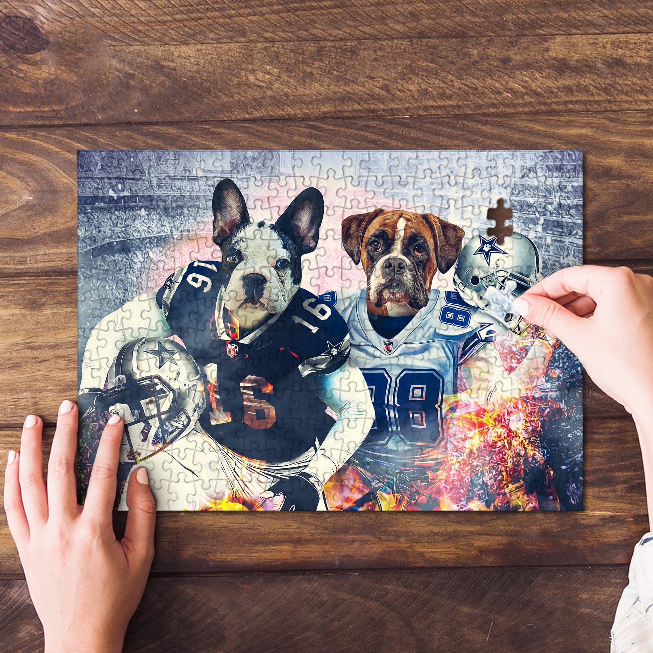 Personalized 2 pet puzzle featuring a French Bulldog and Boxer in Dallas Cowboys football uniforms.