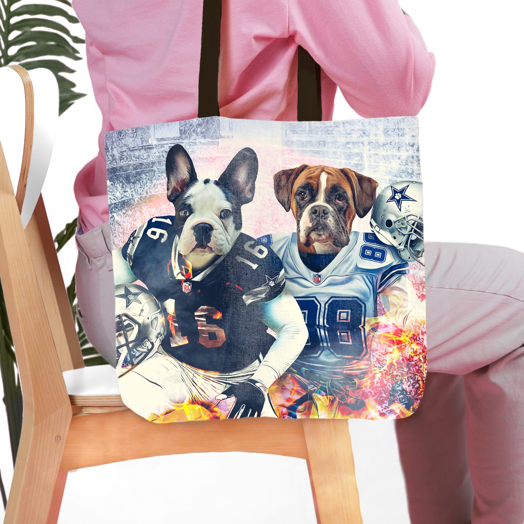 Personalized tote bag with two pet portraits: a French Bulldog and a Boxer in football uniforms.