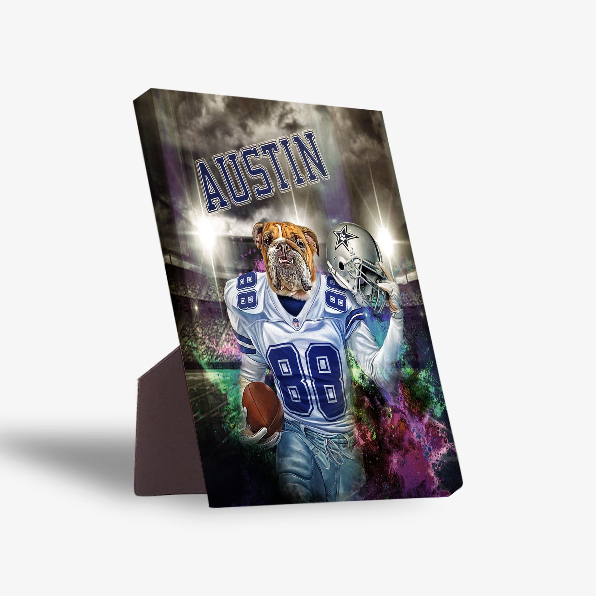 Personalized pet standing canvas featuring a bulldog in a Dallas Cowboys uniform with a football and helmet.