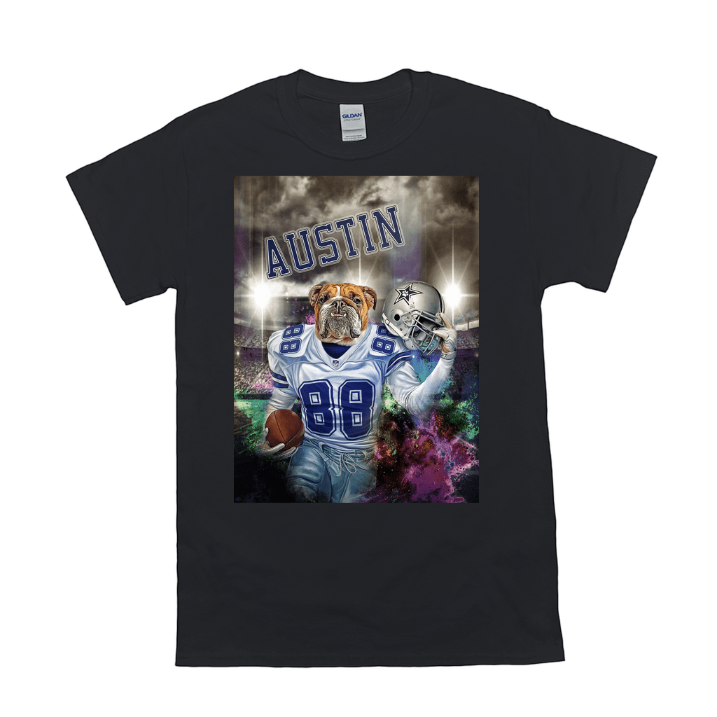 Black Gildan unisex t-shirt with a bulldog in a Dallas Cowboys uniform holding a football and helmet.