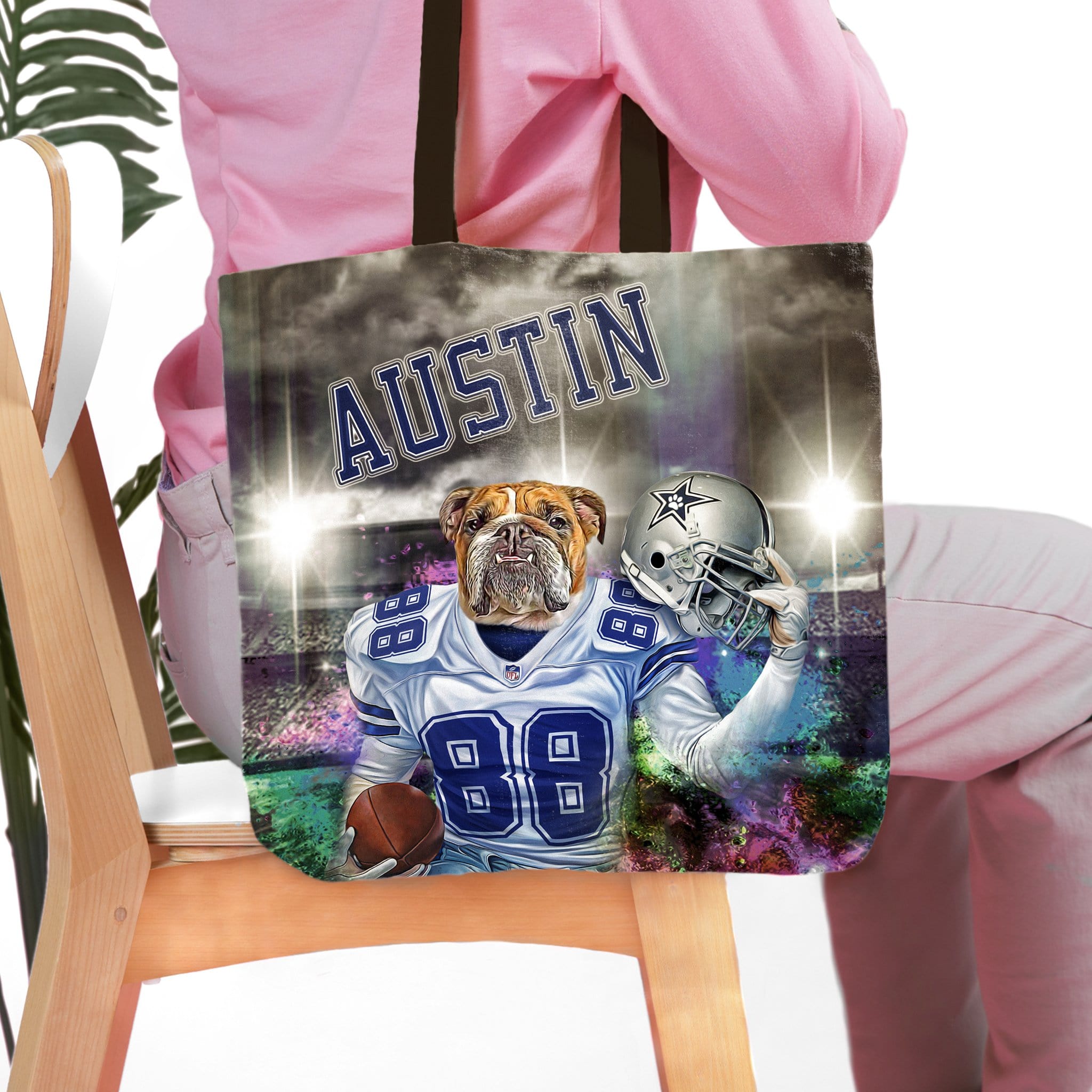 Personalized Dallas Doggos tote bag with a bulldog pet portrait in a football uniform.