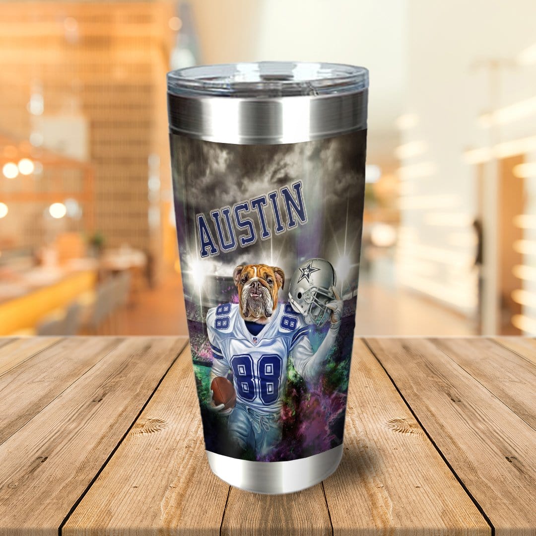 Personalized stainless steel tumbler with a bulldog in a Dallas Cowboys football uniform and "AUSTIN" text.