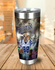 Personalized stainless steel tumbler with a bulldog in a Dallas Cowboys football uniform and "AUSTIN" text.