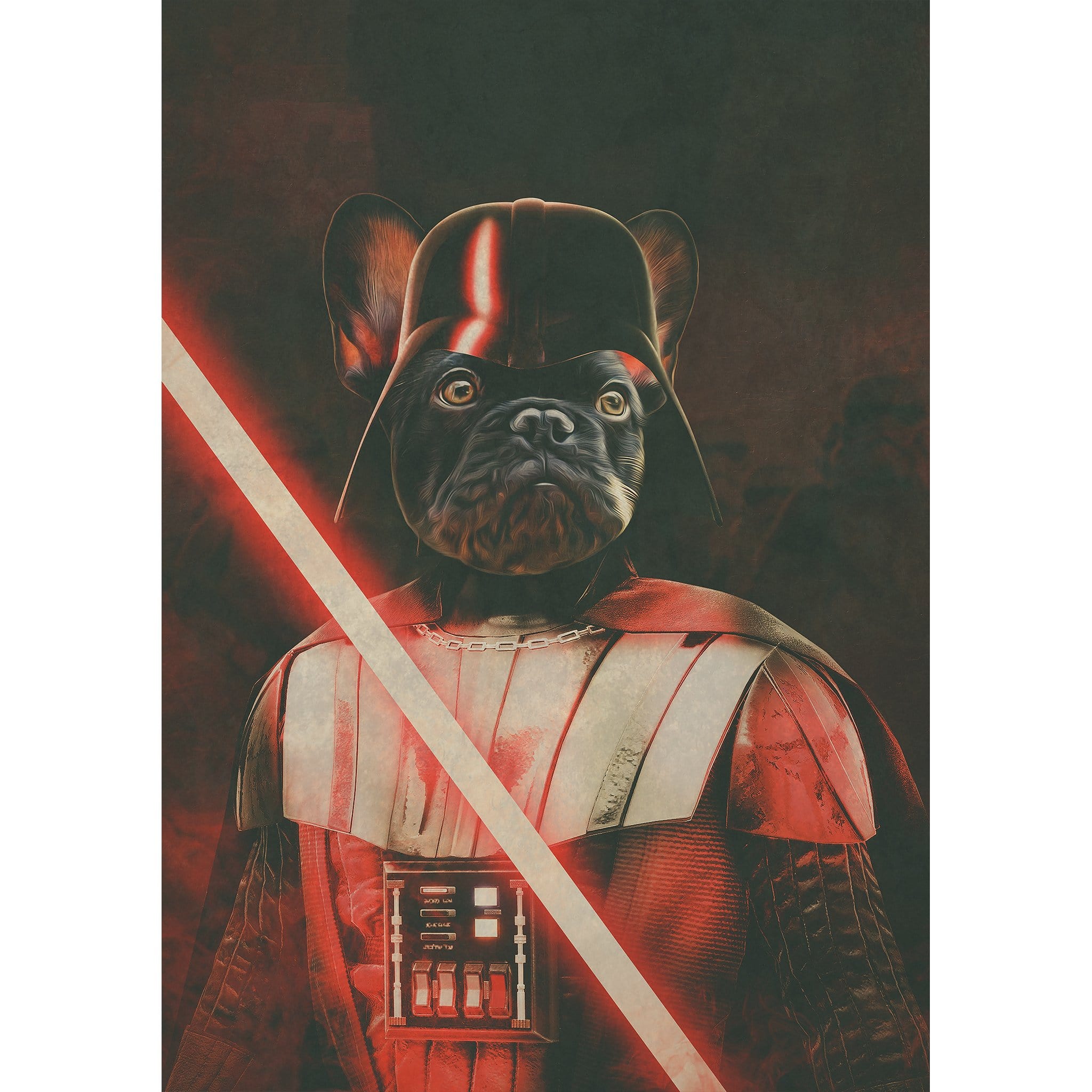 Custom digital portrait of a dog as Darth Woofer, holding a red lightsaber.