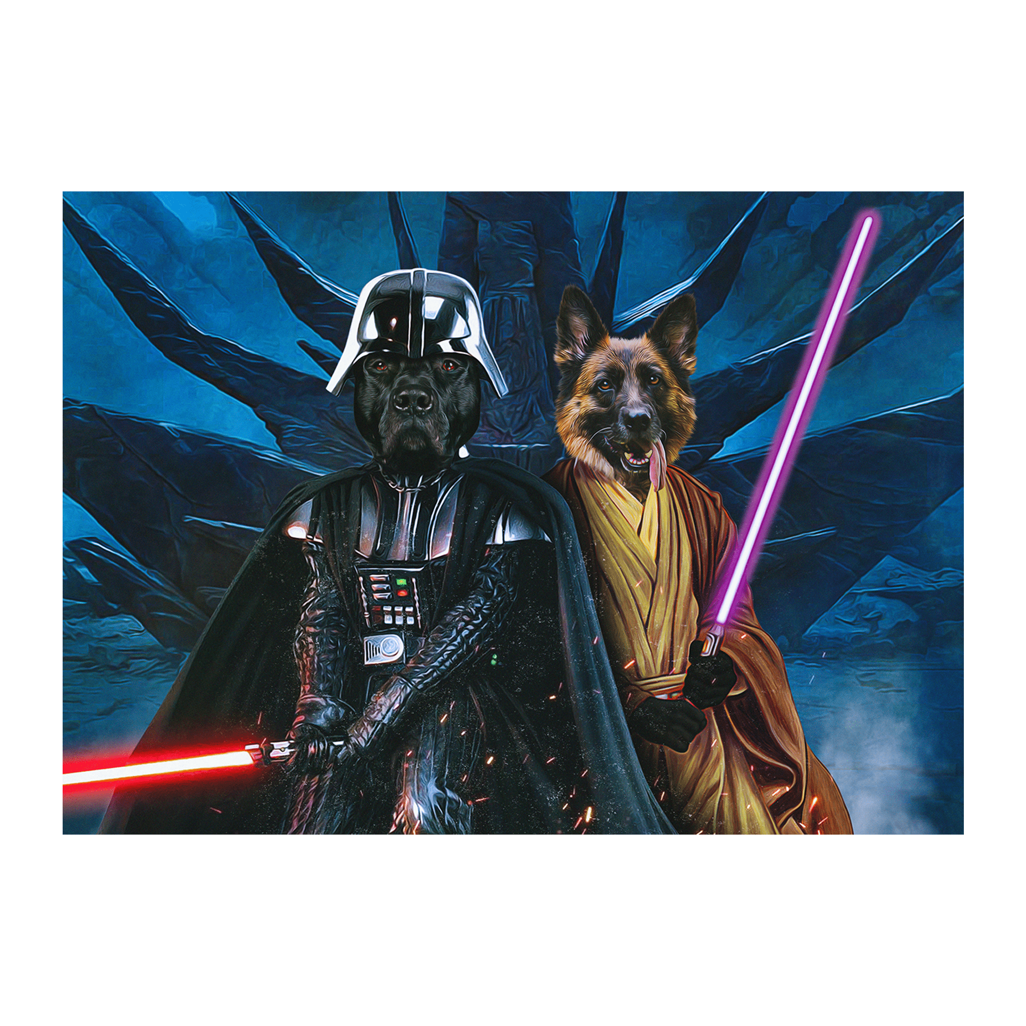Custom digital portrait of two dogs as Darth Woofer and Jedi-Doggo with lightsabers.