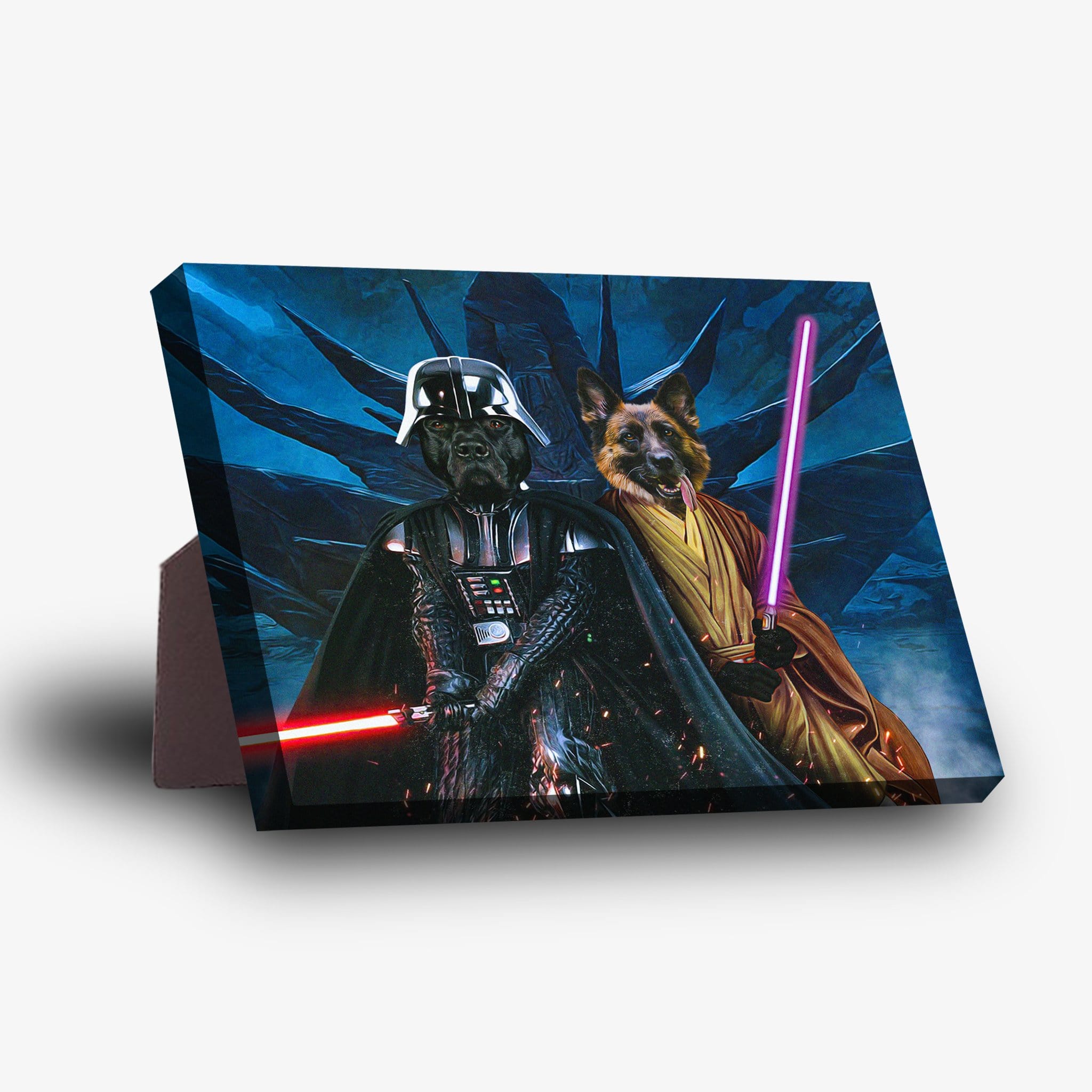 Personalized canvas with two dogs dressed as Darth Vader and a Jedi, holding red and purple lightsabers.