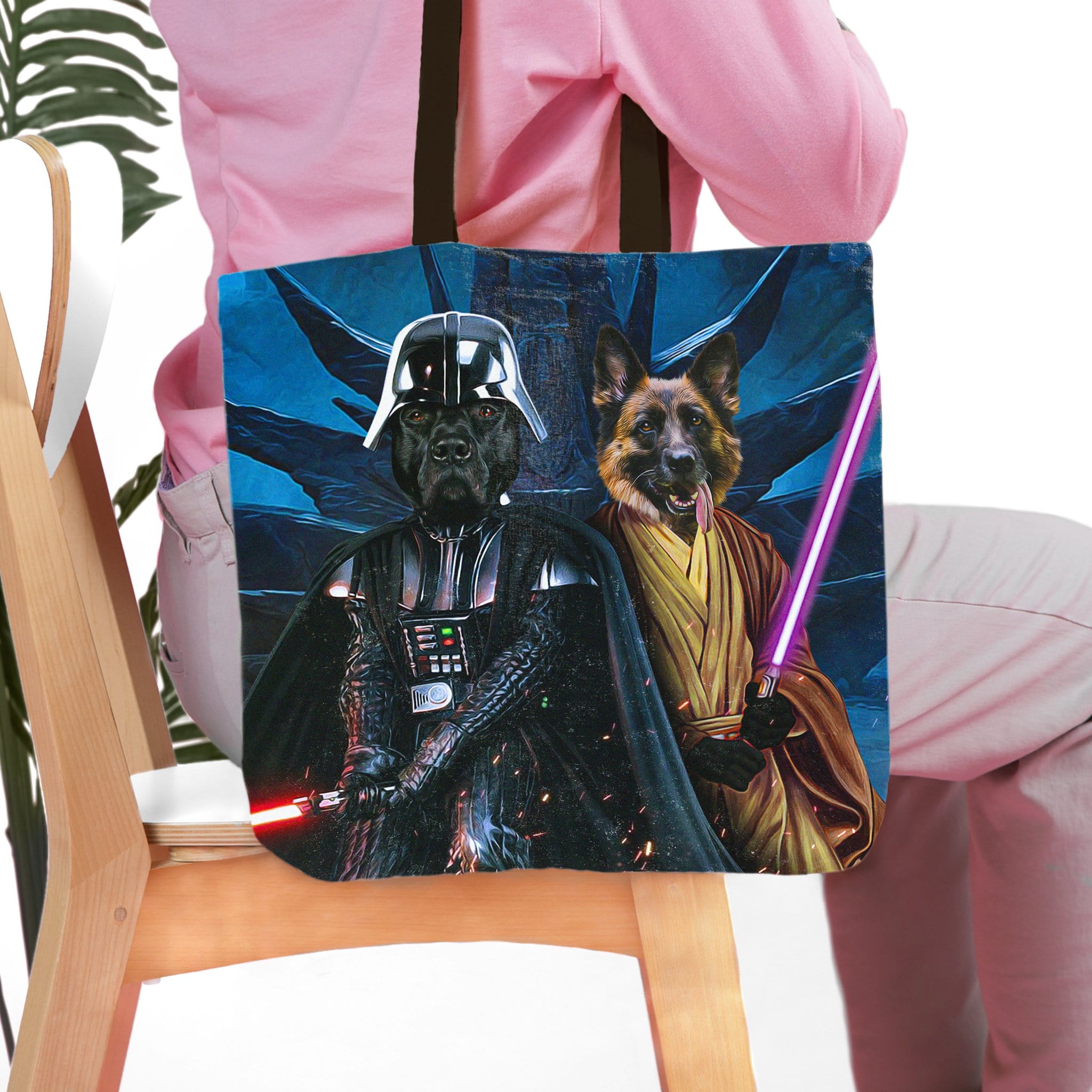 Personalized 2 pet tote bag with dog portraits as Darth Woofer and Jedi-Doggo.