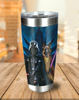 Personalized stainless steel tumbler with custom pet portraits as Darth Vader and a Jedi dog.