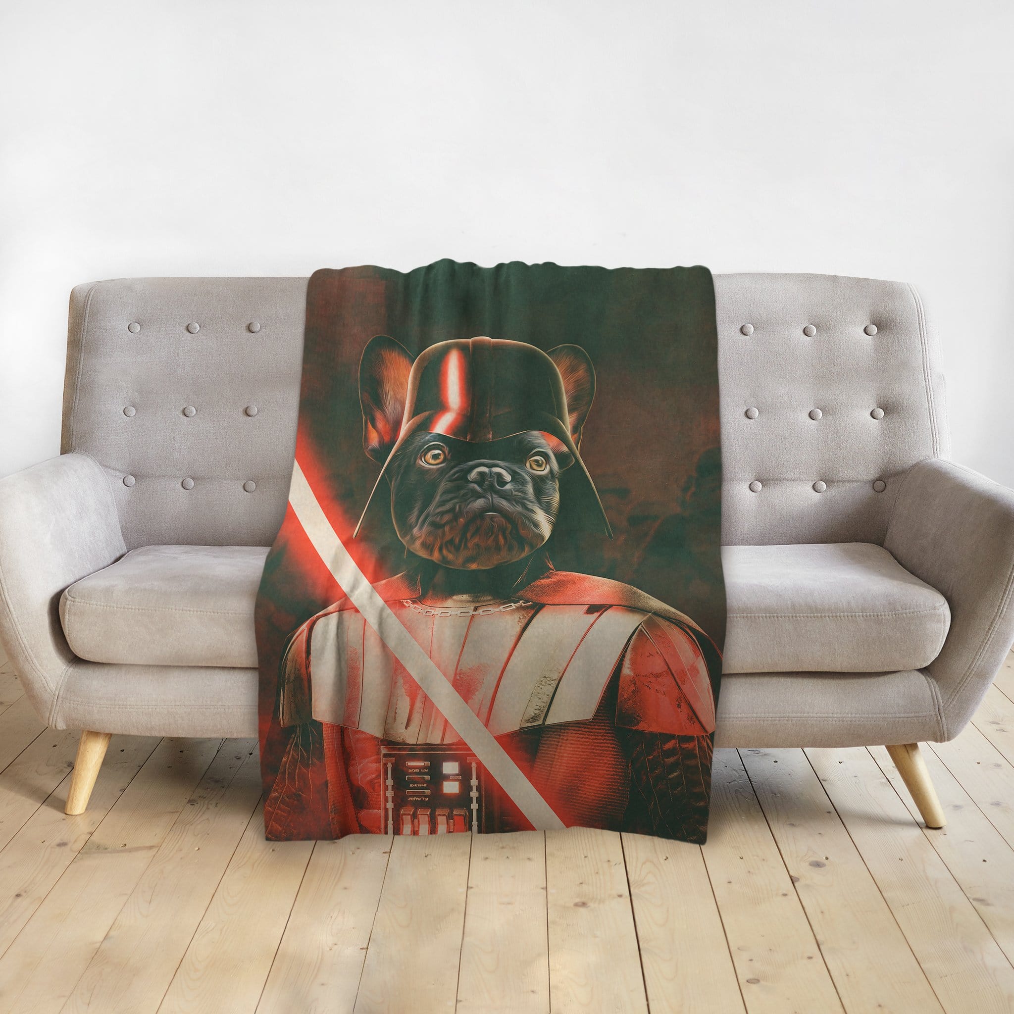 Personalized pet blanket with a French Bulldog in a Darth Vader portrait, holding a red lightsaber.