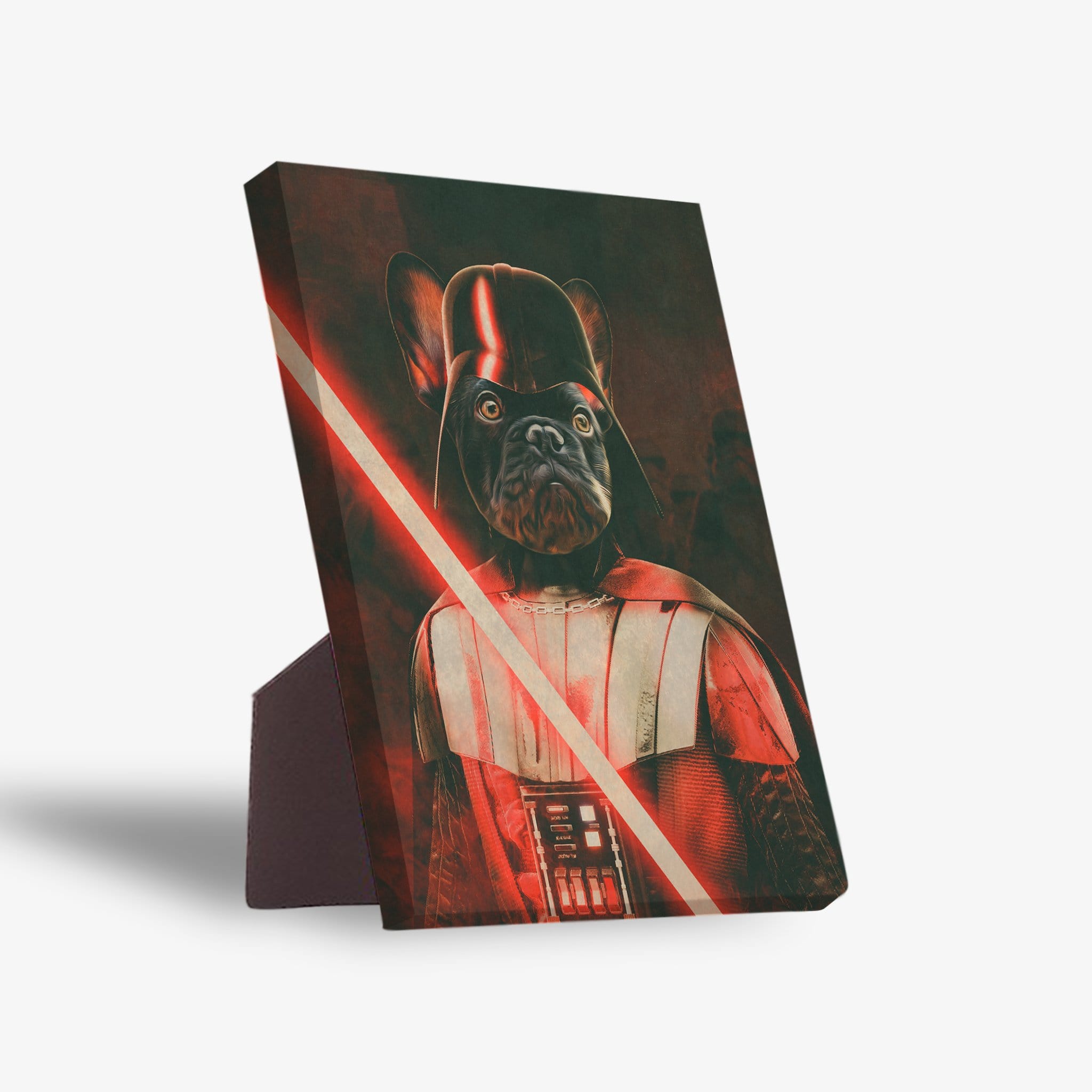 Darth Woofer personalized pet standing canvas featuring a French bulldog in a Darth Vader costume with a red lightsaber.