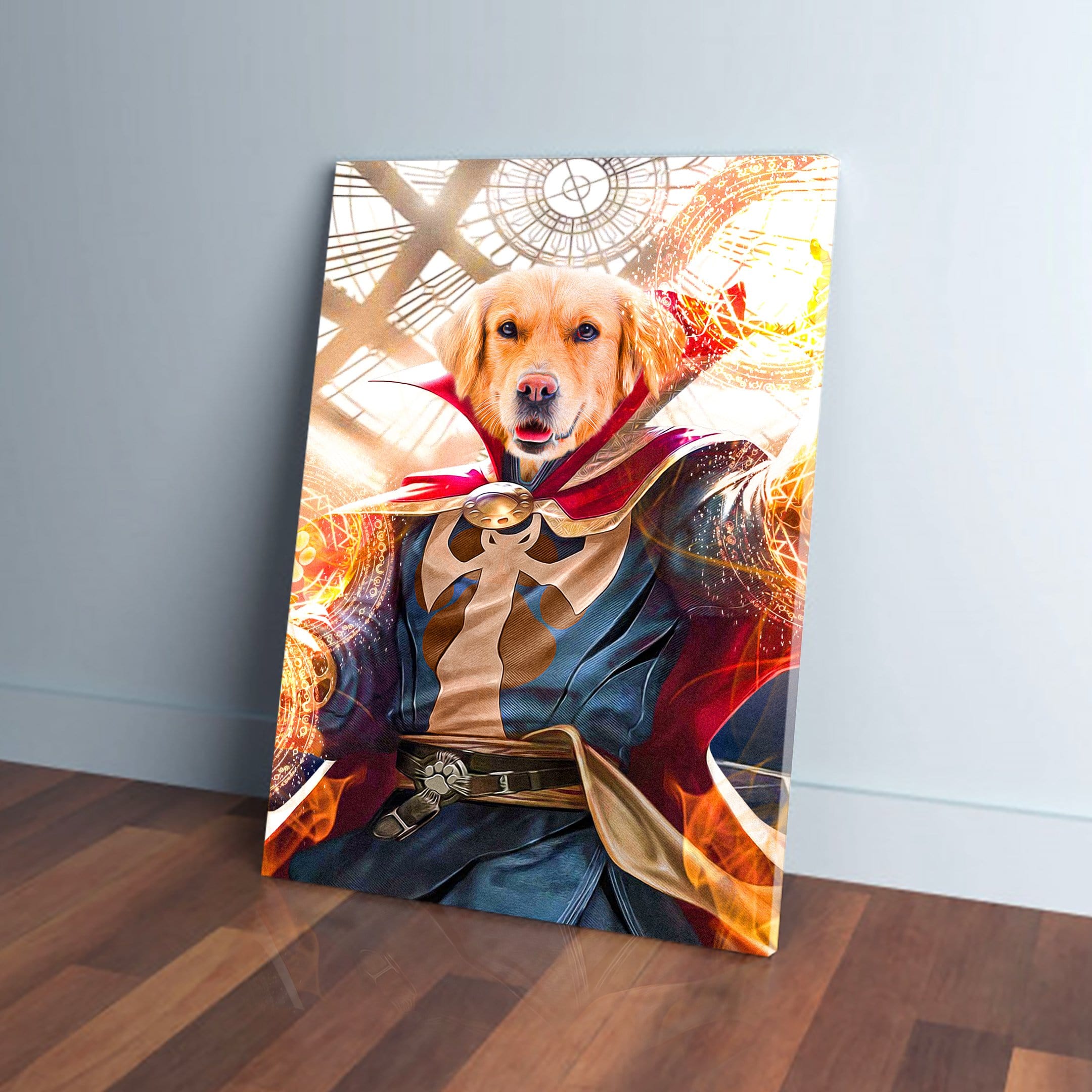 Personalized 'Dawgtor Strange' pet canvas featuring a golden retriever in a superhero cape, casting magic.