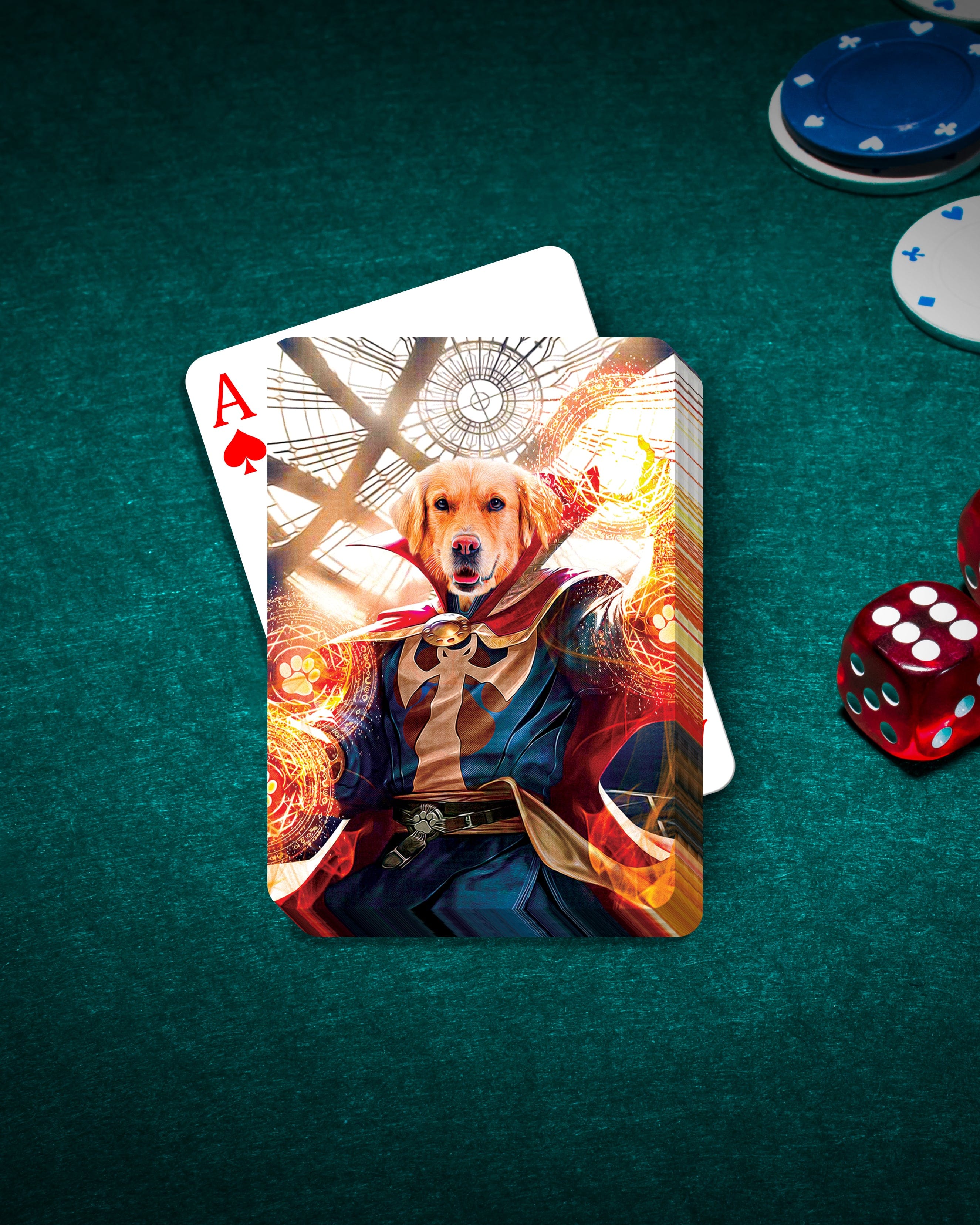 Personalized playing card featuring a golden retriever dog as Dawgtor Strange on a green felt table with poker chips and dice.