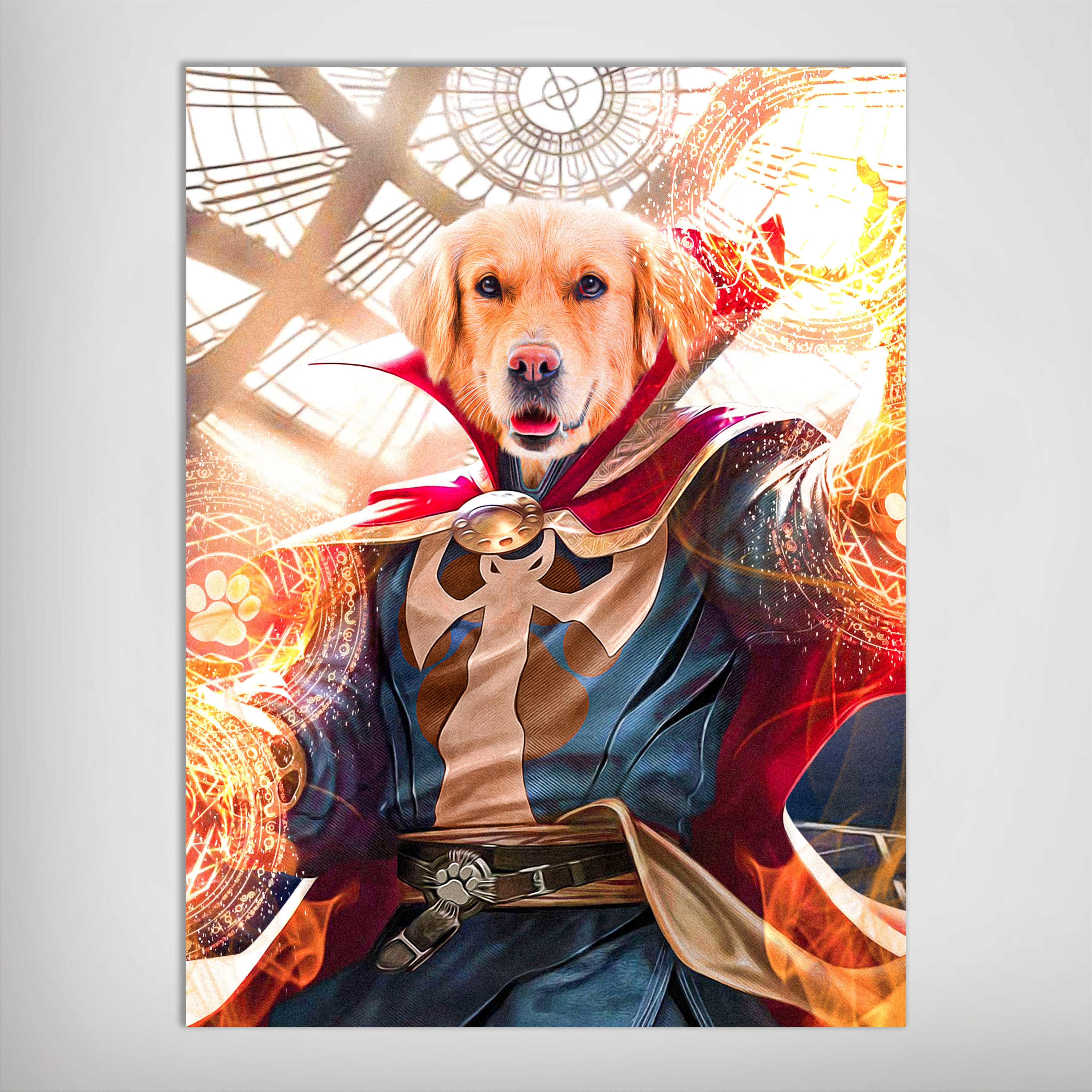 Golden Retriever as Dawgtor Strange, wearing a blue and red cape, casting glowing orange magic.