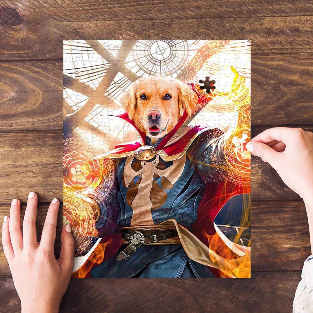 Personalized 'Dawgtor Strange' pet puzzle featuring a golden retriever in a superhero costume.
