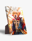 Golden retriever pet portrait on a standing canvas, dressed as Dawgtor Strange with a red cape and magical effects.