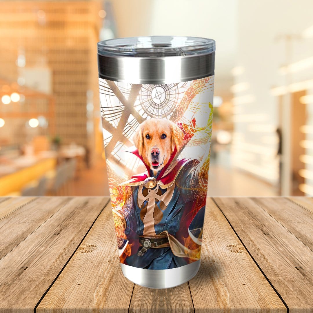 Personalized stainless steel tumbler with a Golden Retriever pet portrait as Dawgtor Strange.