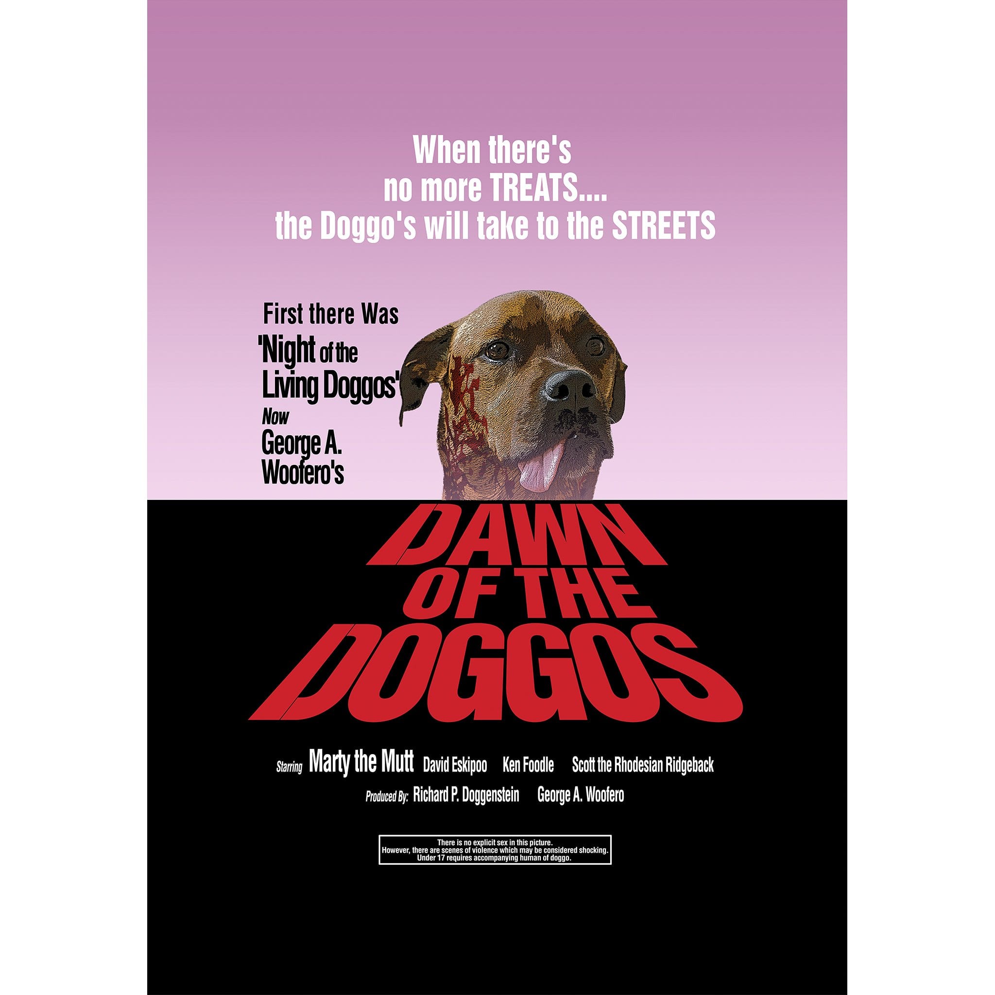 Custom digital portrait of a dog in a horror movie poster style, "Dawn of the Doggos.