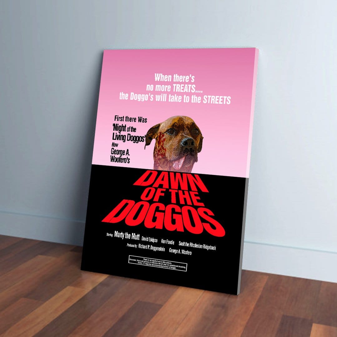 Personalized "Dawn of the Doggos" canvas featuring a dog on a pink and black movie poster design.