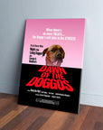 Personalized "Dawn of the Doggos" canvas featuring a dog on a pink and black movie poster design.