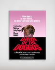 Personalized "Dawn of the Doggos" poster featuring a dog's face with a pink and black movie-style design.